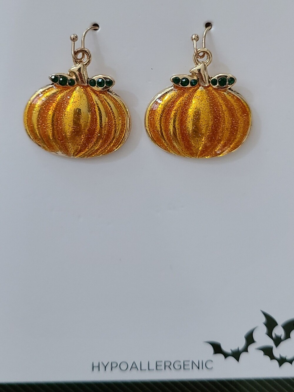 New Gold Tone Shimmer Pumpkin Earrings Green Gem Hypoallergenic